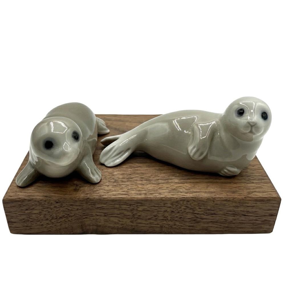 Vintage Otagiri OMC Japan Porcelain Seal Pup Pair Figurines Gray Hand Painted